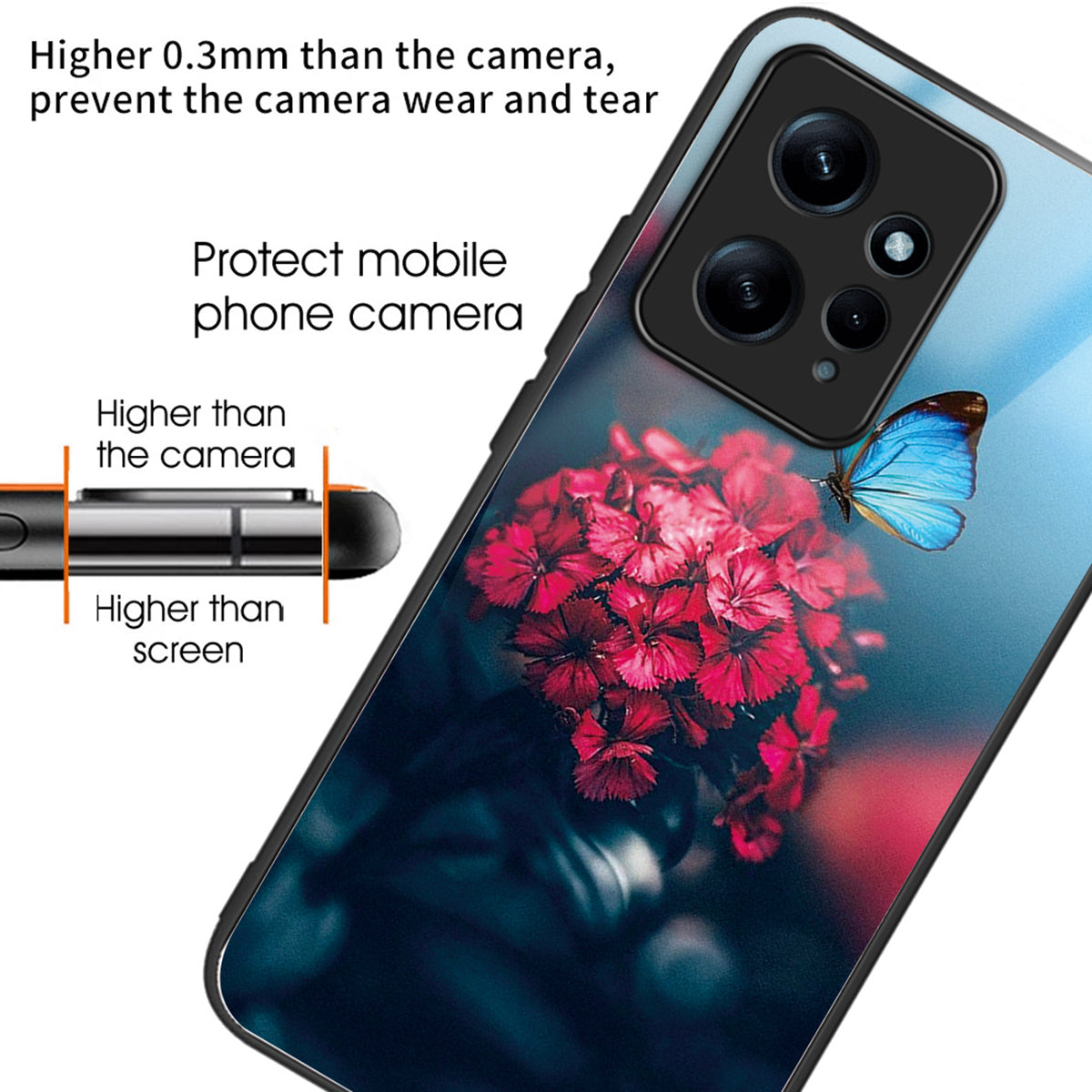 For Xiaomi Redmi Note 12 4G Pattern Phone Case Tempered Glass+TPU Hybrid Shell - Flower / Butterfly For Xiaomi Redmi Note 12 4G Pattern Phone Case Tempered Glass+TPU Hybrid Shell - Flower / Butterfly